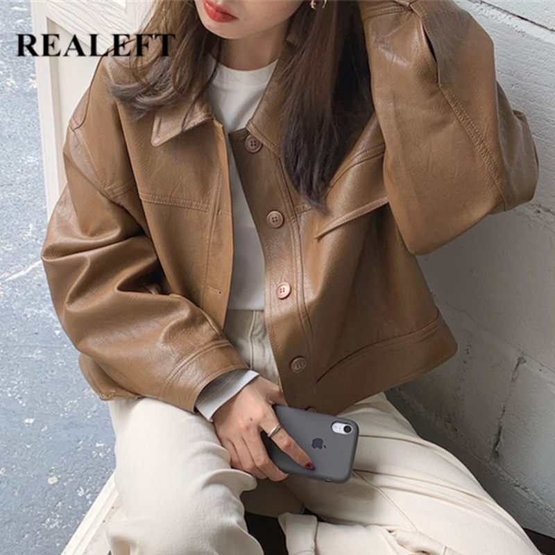 REALEFT-PU 인조 가죽 여성용 자켓, 신제품 싱글 브레스트 루즈핏 바이커 자켓 루즈 코트 아웃웨어 탑스 가을 겨울 2021